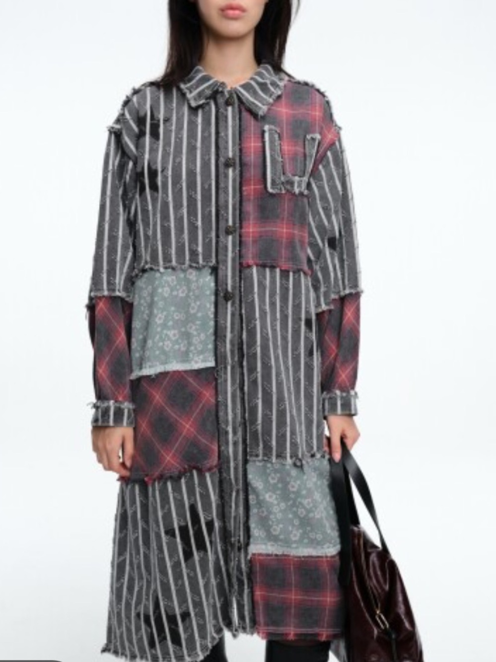 POL Gray Patchwork Plaid Striped Shacket Duster Jacket Oversized Boho Size Indie